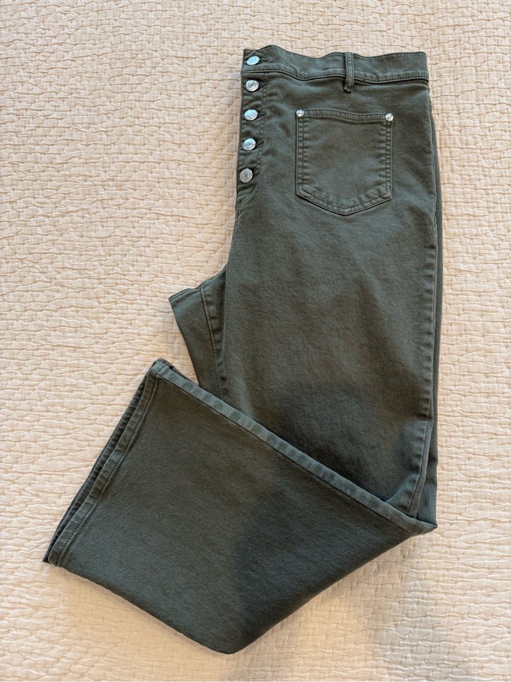 LOFT Palmer Button-Side High-Rise Cropped Jeans — Olive Green size 33/16